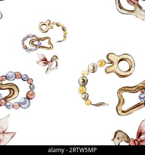 Motivo ad acquerello senza cuciture, giocattoli a cartoni animati per il bambino. Illustrazione a mano dell'acquerello. Design per tessuti, baby shower party, compleanno, torta, ho Foto Stock