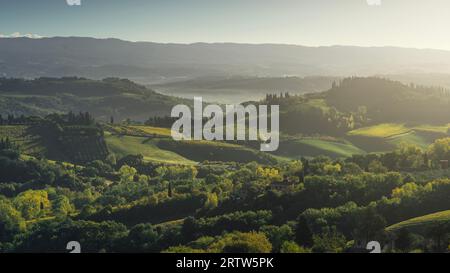 Paesaggio rurale intorno alla città di San Gimignano in una mattinata nebbiosa. Provincia di Siena, regione Toscana, Italia Foto Stock