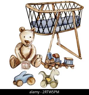 Composizione dei giocattoli per bambini. Giocattoli in legno per bambini ad acquerello disegnati a mano. Blocchi di legno educativi e oggetti per bambini piccoli. Design per tessuto, doccia per bambini p Foto Stock