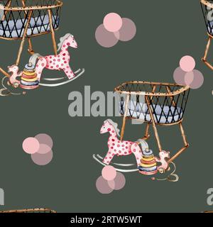 Motivo ad acquerello senza cuciture, giocattoli a cartoni animati per il bambino. Illustrazione a mano dell'acquerello. Design per tessuti, baby shower party, compleanno, torta, ho Foto Stock
