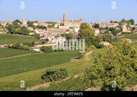 Saint-Émilion nelle sue vigne e nel suo vigneto a vino rosso. Saint-Émilion è classificato tra i più bei villaggi della Francia. Viticoltura, vino e t Foto Stock