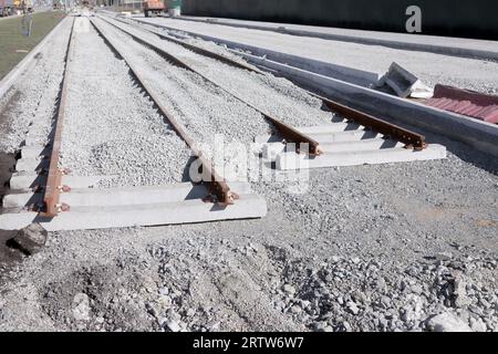 Binari ferroviari nel cantiere Foto Stock