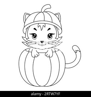Un gatto nel libro da colorare della zucca. Pagina da colorare. Illustrazione vettoriale in bianco e nero. Buon Halloween Illustrazione Vettoriale