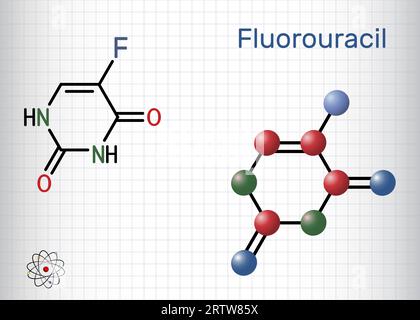 Fluorouracile, molecola 5-fu. È un farmaco chemioterapico citotossico analogo alla pirimidina usato per trattare il cancro. Formula chimica strutturale, molecola mo Illustrazione Vettoriale