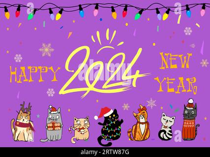 Buon anno 2024 biglietto d'auguri, background. Illustrazione Vettoriale