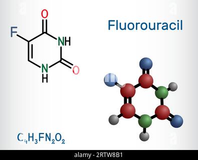 Fluorouracile, molecola 5-fu. È un farmaco chemioterapico citotossico analogo alla pirimidina usato per trattare il cancro. Formula chimica strutturale, molecola mo Illustrazione Vettoriale