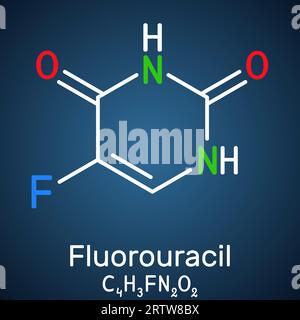 Fluorouracile, molecola 5-fu. È un farmaco chemioterapico citotossico analogo alla pirimidina usato per trattare il cancro. Formula chimica strutturale al buio Illustrazione Vettoriale