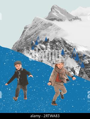 Giocosi, sorridenti bambini felici, ragazzi che giocano sul lago ghiacciato, che corrono. Giochi attivi. Sfondo montano. Collage d'arte contemporanea. Foto Stock