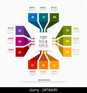 Modello timeline per l'intero anno con tutti i mesi colorati dell'arcobaleno come quadrati su strisce lunghe piegate, nomi dei mesi e brevi descrizioni, il tutto su sfondo bianco Illustrazione Vettoriale