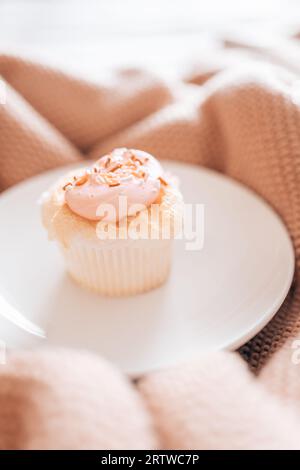 Un cupcake rosa smerigliato su un piatto bianco su un textu blush Foto Stock