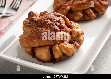 Un paio di panini alla cannella freschi fatti in casa su un piatto da vicino Foto Stock