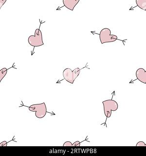 Motivo vettoriale senza cuciture disegnato a mano con cuori e frecce rosa Illustrazione Vettoriale