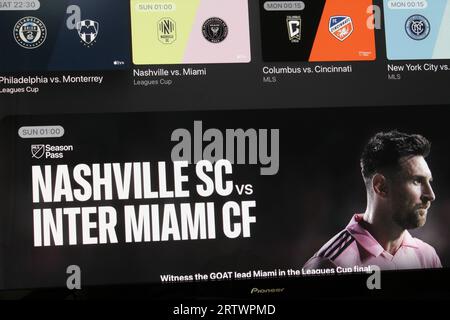 Apple MLS Season Pass - Apple TV ha reso possibile agli abbonati lo streaming di Major League Soccer su Apple TV, utilizzando Lionel messi nelle promozioni Foto Stock