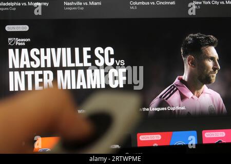 Apple MLS Season Pass - Apple TV ha reso possibile agli abbonati lo streaming di Major League Soccer su Apple TV, utilizzando Lionel messi nelle promozioni Foto Stock