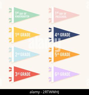 Set bandiera del pennant di ritorno a scuola. Primo giorno di scuola. Icone colorate. Illustrazione vettoriale, design piatto Illustrazione Vettoriale