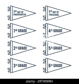 Set bandiera del pennant di ritorno a scuola. Primo giorno di scuola. Icone di contorno. Illustrazione vettoriale, design piatto Illustrazione Vettoriale