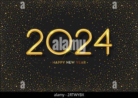 Banner felice anno nuovo 2024. Design Golden Luxury Festive Shining Numbers. Illustrazione vettoriale in uno stile 3D realistico Illustrazione Vettoriale