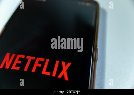 Madrid, Spagna 09 12 2023: Schermo del telefono cellulare con logo Netflix Foto Stock