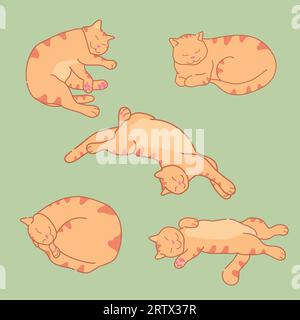 Gatto zenzero dormiente in diverse posizioni. Un gatto rosso carino dorme. Set di gatti sonnolenti. Illustrazione vettoriale Illustrazione Vettoriale