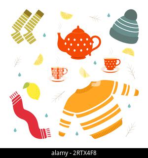 Illustrazione vettoriale. Colorazione di icone autunnali. Vestiti, tè caldo con limone Illustrazione Vettoriale