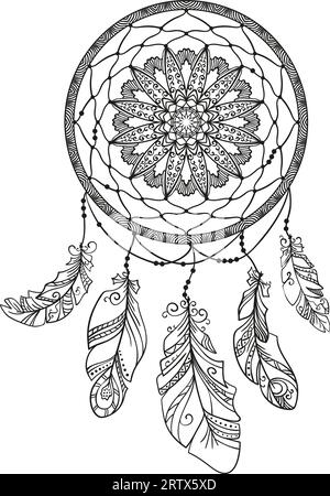 dreamcatcher disegnato a mano con piume, pagina per libro da colorare per adulti, vettore di elementi di disegno isolati etnici Illustrazione Vettoriale