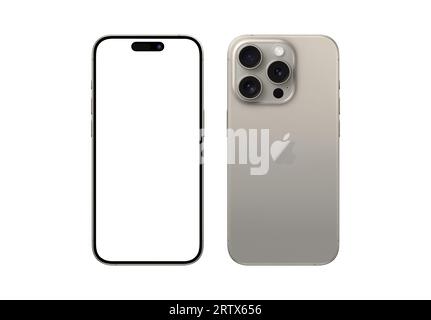 Antalya, Turchia - 14 settembre 2023: Nuovo set di mockup professionale per iPhone 15 Natural Titanium con angoli anteriori e posteriori Foto Stock