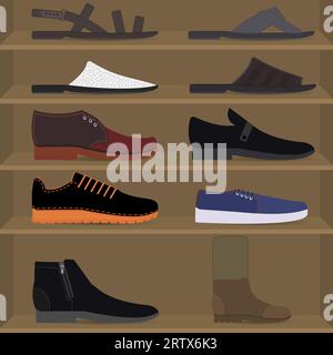 Scarpe da uomo sugli scaffali. Vista laterale. Set con diversi tipi di calzature alla moda da uomo. Collezione di scarpe da uomo autunnali, invernali, primaverili ed estive. Illustrazione Vettoriale