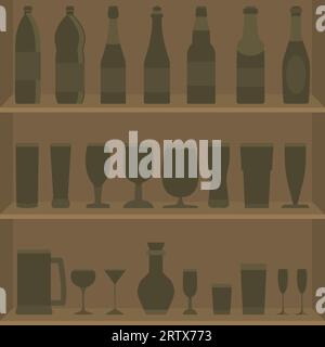 Sfondo con bevande alcoliche e silhouette diverse bottiglie. Illustrazione Vettoriale