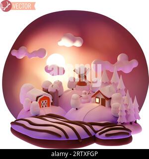 Paesaggio agricolo invernale vettoriale. Natura di campagna. Campo, mulino a vento, silos, fienile, edifici agricoli e casa. Campi innevati, alberi ed edifici Illustrazione Vettoriale