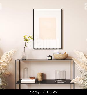 Corridoio interno Japandi boho beige con consolle nera e sfondo verde vegetale. Soggiorno australiano moderno e leggero con cestino in vimini. rendering 3d. Foto Stock