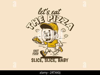 Mangiamo la pizza, un ragazzino che corre e regge una fetta di pizza, illustrazioni vintage Illustrazione Vettoriale