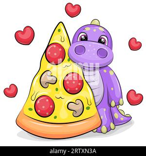 Carino dinosauro da cartoni animati con un pezzo grosso di pizza. Illustrazione vettoriale di un animale su sfondo bianco con cuori rossi. Illustrazione Vettoriale