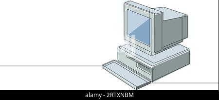 Personal computer retrò disegno continuo a una linea con colori. cpu vintage con monitor analogico e tastiera tracciata da una linea singola. Illustrati vettoriali Illustrazione Vettoriale