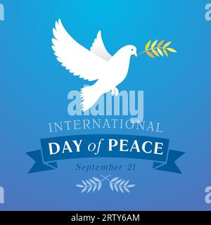 Poster della rete della giornata Internazionale della Pace. Design del biglietto d'auguri. Piccione bianco volante. Illustrazione vettoriale. I social media si congratulano con il post concept. Illustrazione Vettoriale