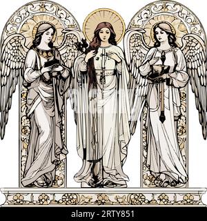 Trittico di tre angeli in stile art nouveau Illustrazione Vettoriale