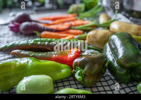 Primo piano delle verdure appena raccolte. Verdure biologiche su un tavolo: Zucchine, barbabietole, peperoni, patate, carote su un asciugamano da asciugare. Raccolto autunnale Foto Stock