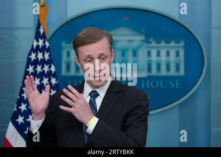 Washington, Stati Uniti. 15 settembre 2023. Il consigliere per la sicurezza nazionale degli Stati Uniti Jake Sullivan partecipa al briefing giornaliero alla Casa Bianca di Washington DC venerdì 15 settembre 2023. Foto di Chris Kleponis/UPI Credit: UPI/Alamy Live News Foto Stock
