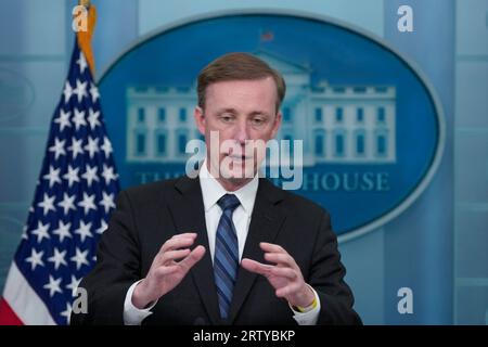 Washington, Stati Uniti. 15 settembre 2023. Il consigliere per la sicurezza nazionale degli Stati Uniti Jake Sullivan partecipa al briefing giornaliero alla Casa Bianca di Washington DC venerdì 15 settembre 2023. Foto di Chris Kleponis/UPI Credit: UPI/Alamy Live News Foto Stock