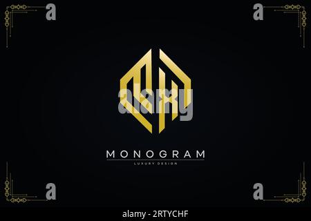 Elegante logo MX con motivo vettoriale a forma esagonale e linea oro Illustrazione Vettoriale