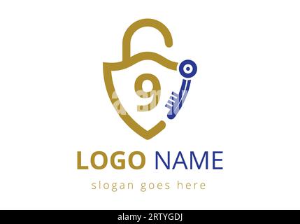 Combinazione del logo Letter 9 Key con la chiave House Locker. Simbolo del simbolo del logo del lucchetto illustrazione vettoriale Illustrazione Vettoriale