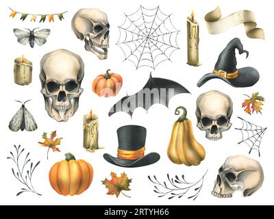 Teschi umani in cappelli con ali di pipistrello, zucche, foglie autunnali e candele. Illustrazione ad acquerello disegnata a mano per Halloween. Insieme di elementi isolati Foto Stock