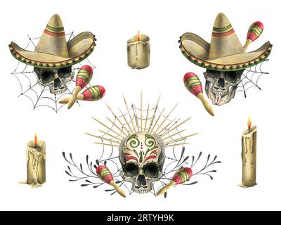 Teschi umani ornati, in un sombrero cappello con maracas e ragnatele. Illustrazione ad acquerello disegnata a mano per il giorno dei morti, halloween, dia de los Foto Stock