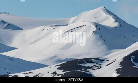 Montagne innevate con percorsi a valanga nell'Artico nelle Svalbard, Norvegia Foto Stock