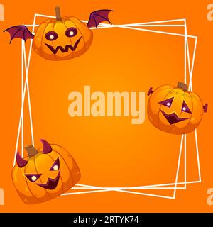 Modello di cornice felice Halloween con zucche isolate su sfondo arancione. Illustrazione vettoriale colorata in stile cartone animato. Illustrazione Vettoriale