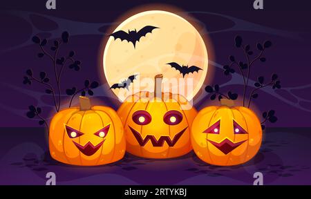 Zucche di Halloween al chiaro di luna con pipistrelli. Illustrazione vettoriale colorata in stile cartone animato. Illustrazione Vettoriale