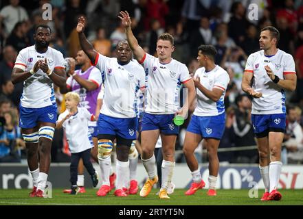 I giocatori della Namibia saltano ai tifosi dopo la Coppa del mondo di rugby 2023, Pool A match allo Stade de Toulouse, Francia. Data immagine: Venerdì 15 settembre 2023. Foto Stock