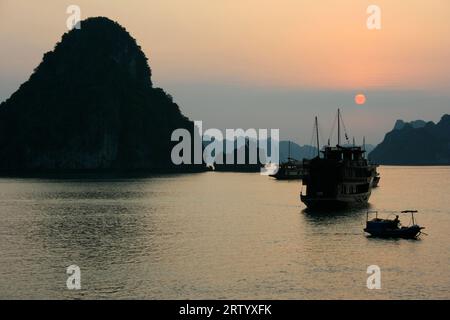 La baia di ha Long è un sito patrimonio dell'umanità dell'UNESCO e una popolare destinazione di viaggio nella provincia di Quang Ninh, Vietnam. Il nome ha Long significa "Dra discendente Foto Stock