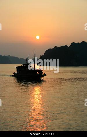 La baia di ha Long è un sito patrimonio dell'umanità dell'UNESCO e una popolare destinazione di viaggio nella provincia di Quang Ninh, Vietnam. Il nome Hạ Long significa "Dra discendente Foto Stock