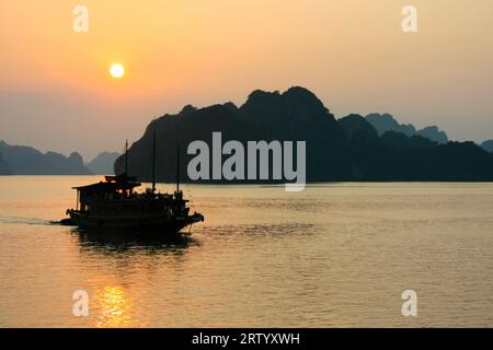 La baia di ha Long è un sito patrimonio dell'umanità dell'UNESCO e una popolare destinazione di viaggio nella provincia di Quang Ninh, Vietnam. Il nome ha Long significa "Dra discendente Foto Stock