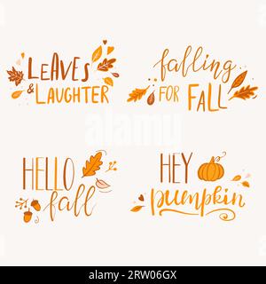Serie di graziose citazioni scritte a mano sull'autunno. Ciao autunno, ehi zucca e altre frasi stagionali scritte a mano Illustrazione Vettoriale